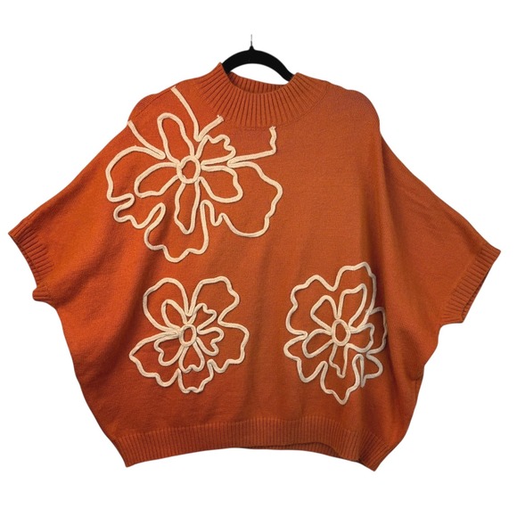 Easel Sweater Womens Large Floral Applique Round Neck Boxy Fit Orange Pullover - Picture 2 of 11